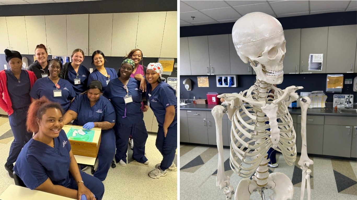 Spilt photo with Medical Assistant students and a model skeleton on a stand