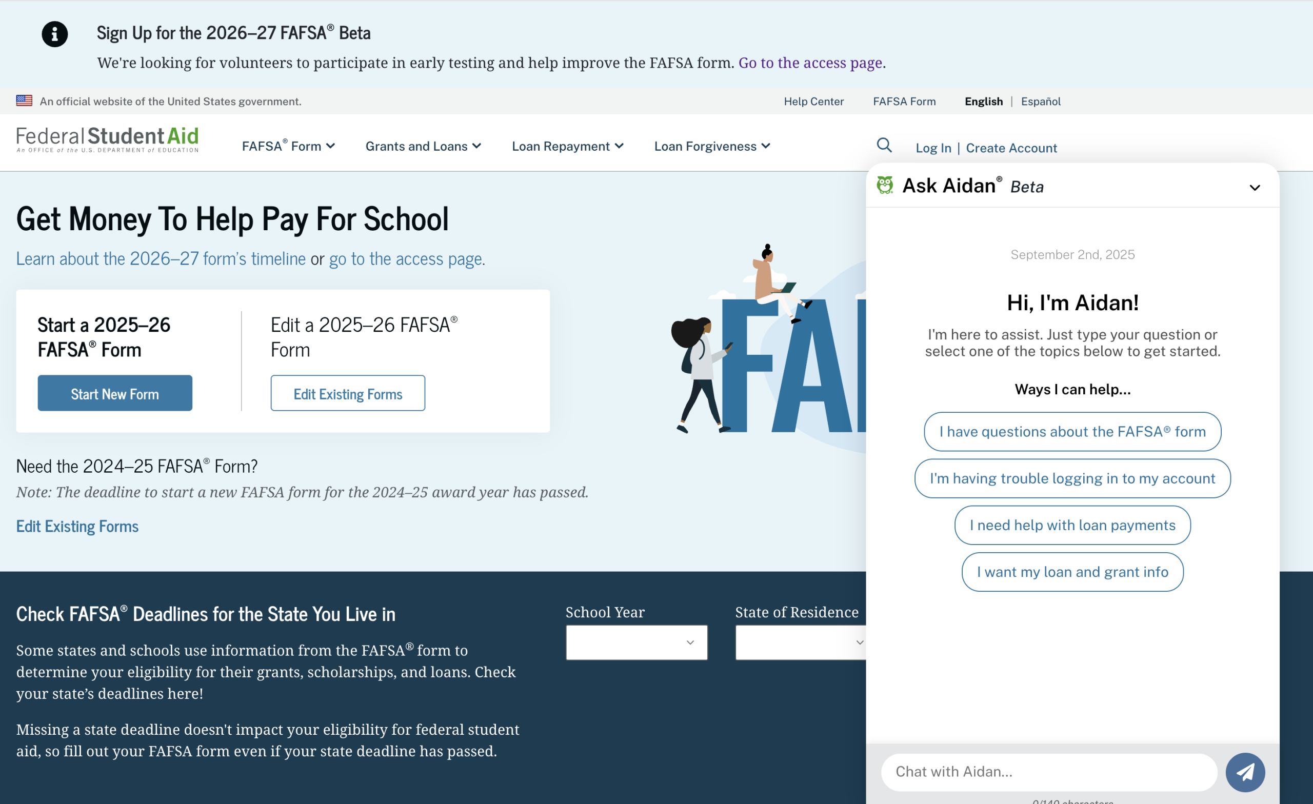 screen capture of federal student aid chat with Aiden